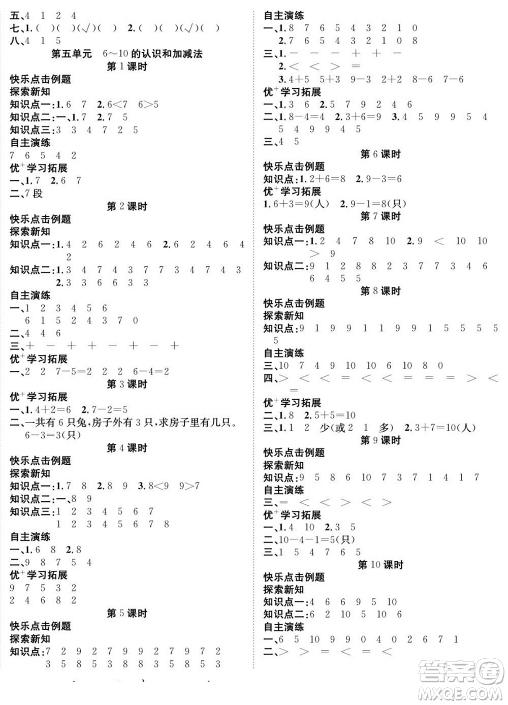 合肥工業(yè)大學(xué)出版社2022快樂學(xué)習(xí)隨堂練數(shù)學(xué)一年級(jí)上冊(cè)RJ人教版答案