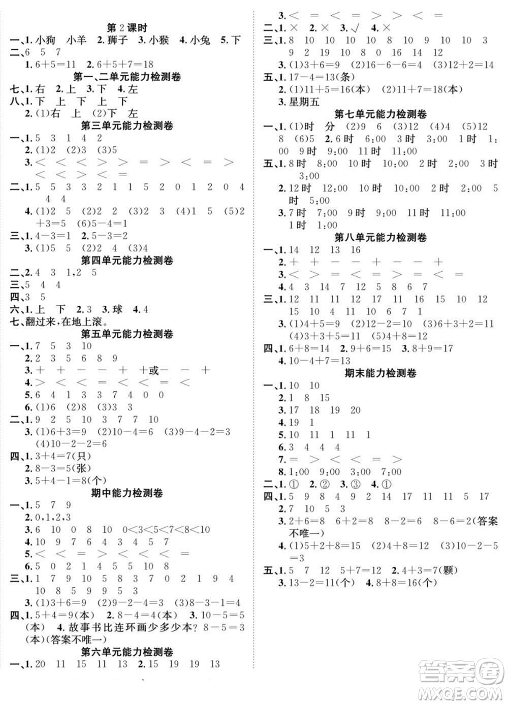 合肥工業(yè)大學(xué)出版社2022快樂學(xué)習(xí)隨堂練數(shù)學(xué)一年級(jí)上冊(cè)RJ人教版答案