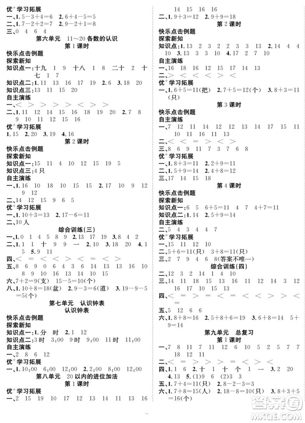 合肥工業(yè)大學(xué)出版社2022快樂學(xué)習(xí)隨堂練數(shù)學(xué)一年級(jí)上冊(cè)RJ人教版答案