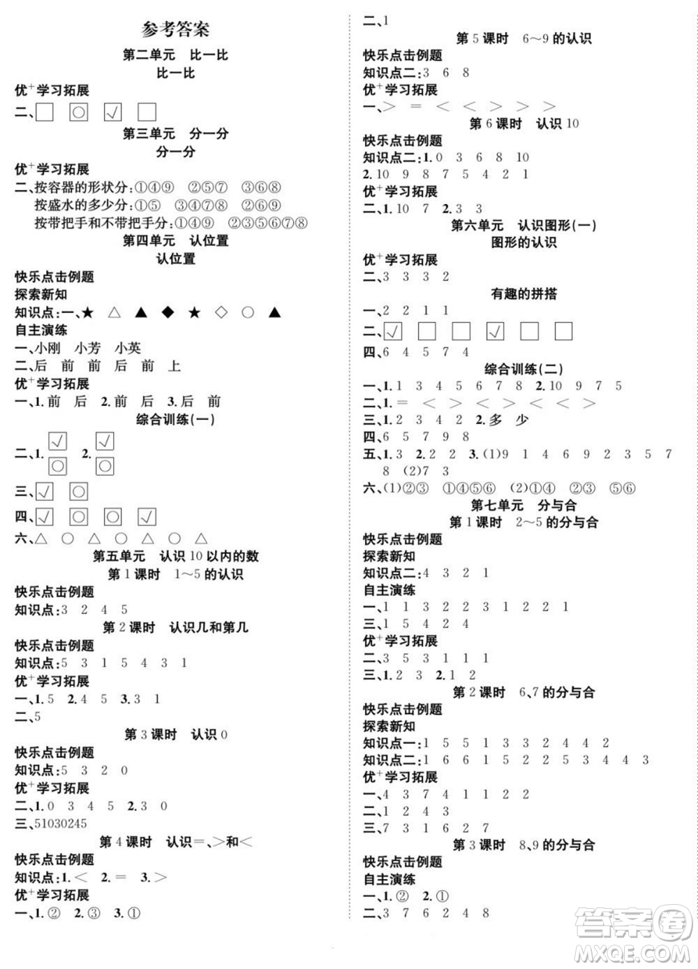 合肥工業(yè)大學(xué)出版社2022快樂學(xué)習(xí)隨堂練數(shù)學(xué)一年級上冊SJ蘇教版答案