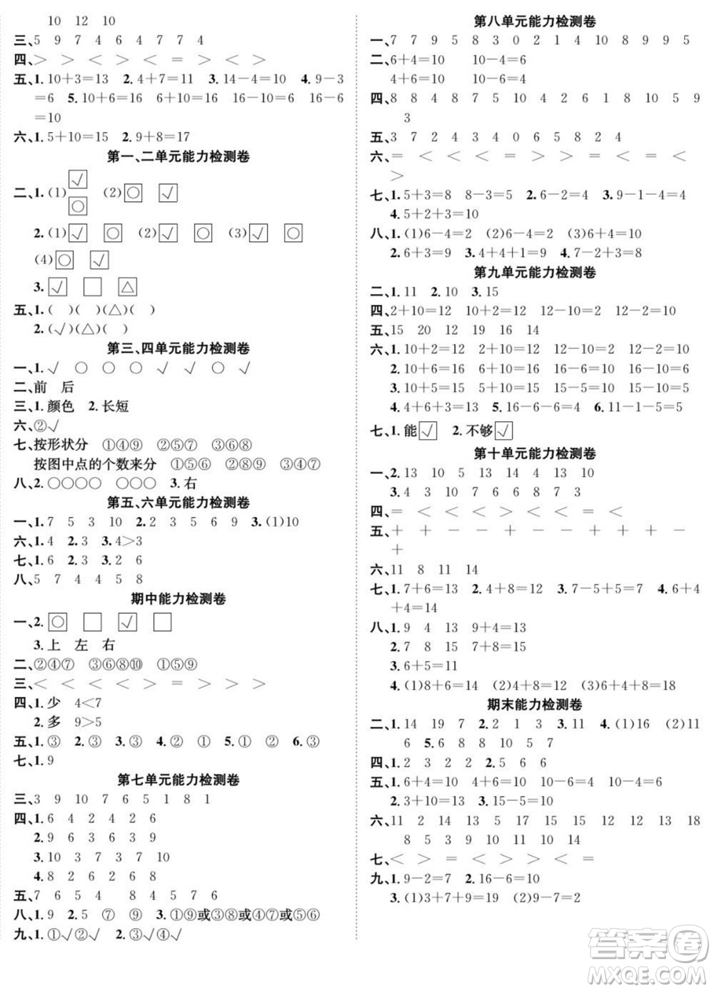 合肥工業(yè)大學(xué)出版社2022快樂學(xué)習(xí)隨堂練數(shù)學(xué)一年級上冊SJ蘇教版答案