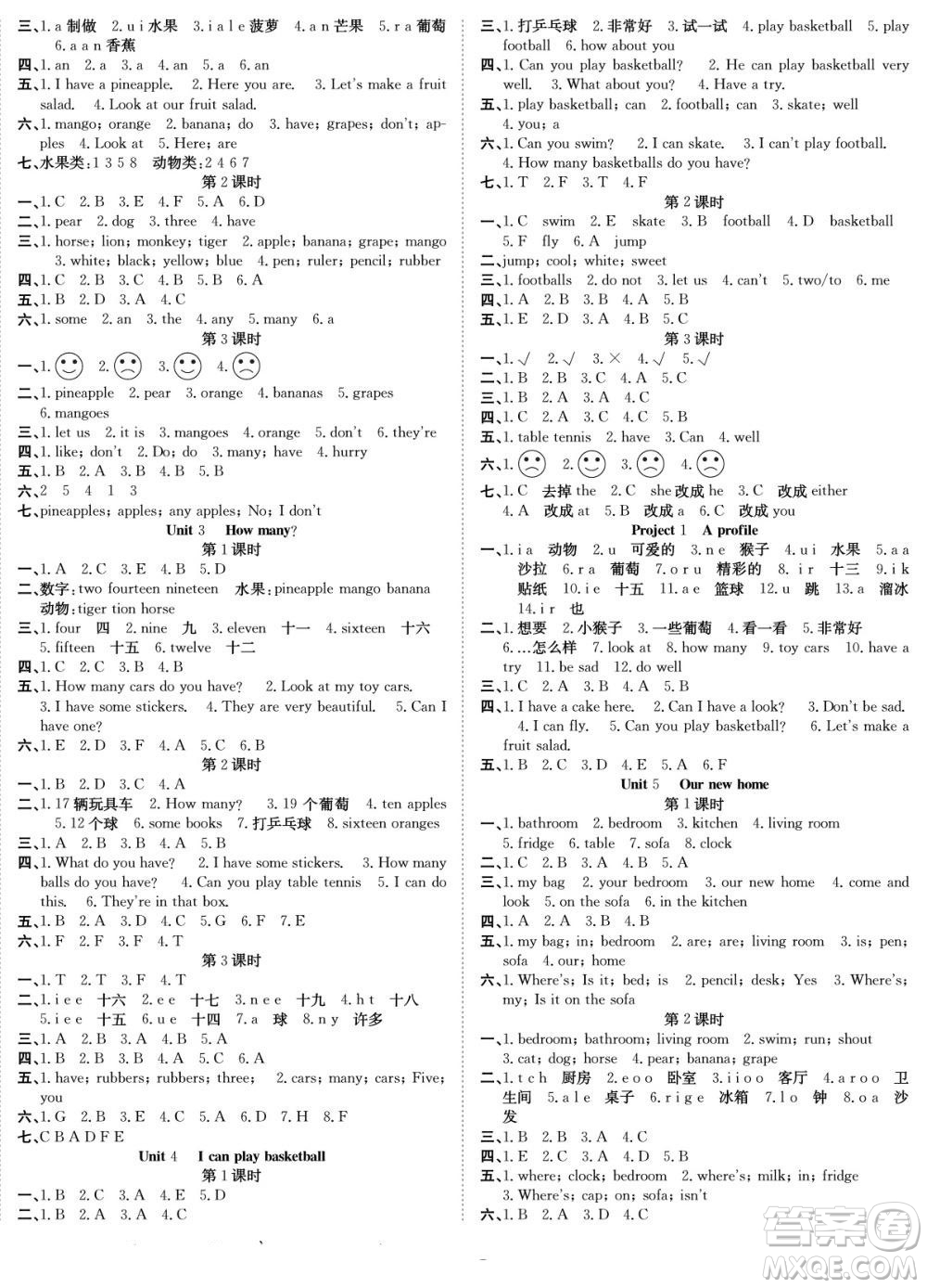 合肥工業(yè)大學出版社2022快樂學習隨堂練英語四年級上冊譯林版答案