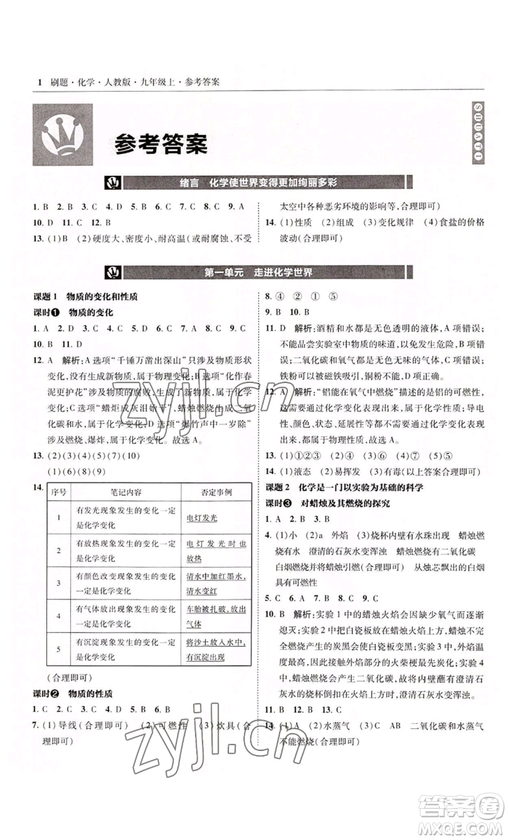 東北師范大學(xué)出版社2022北大綠卡刷題九年級(jí)上冊(cè)化學(xué)人教版參考答案