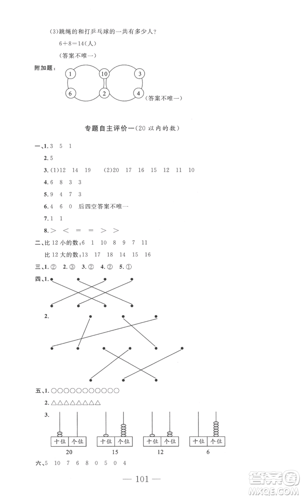 長(zhǎng)江少年兒童出版社2022智慧課堂自主評(píng)價(jià)一年級(jí)上冊(cè)數(shù)學(xué)人教版十堰專版參考答案