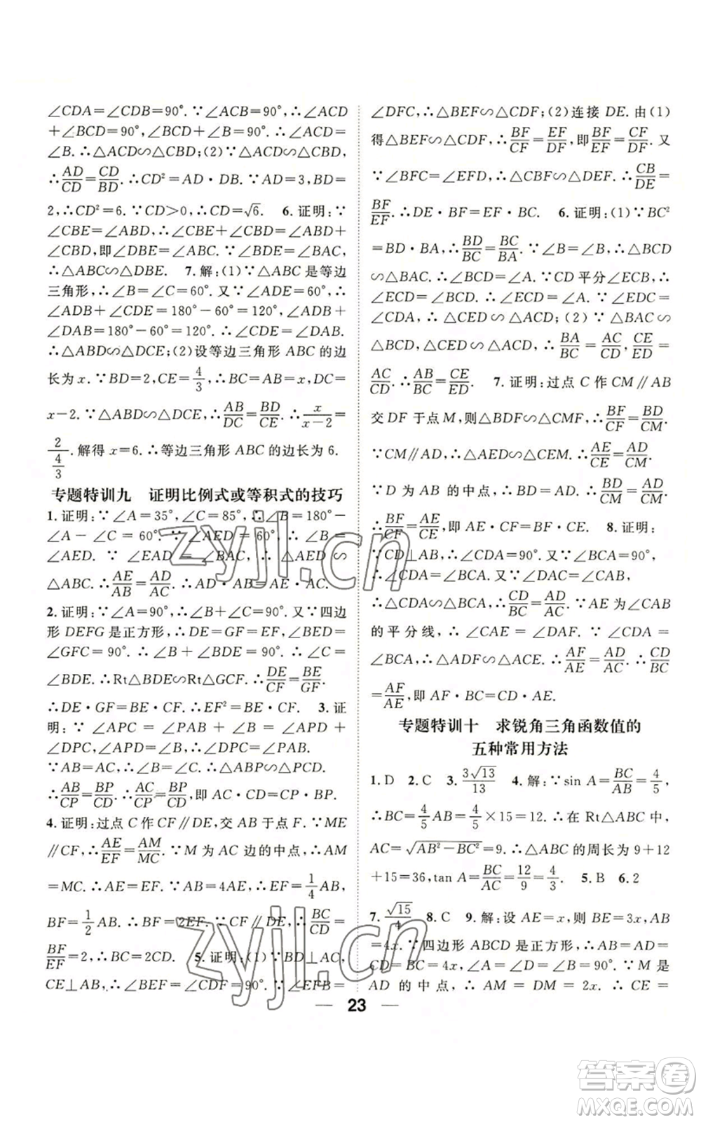 陽光出版社2022精英新課堂九年級上冊數(shù)學(xué)滬科版參考答案