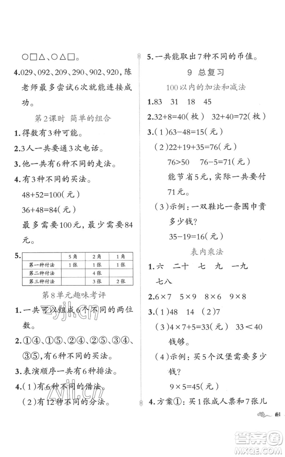 新疆青少年出版社2022黃岡金牌之路練闖考二年級上冊數(shù)學人教版參考答案