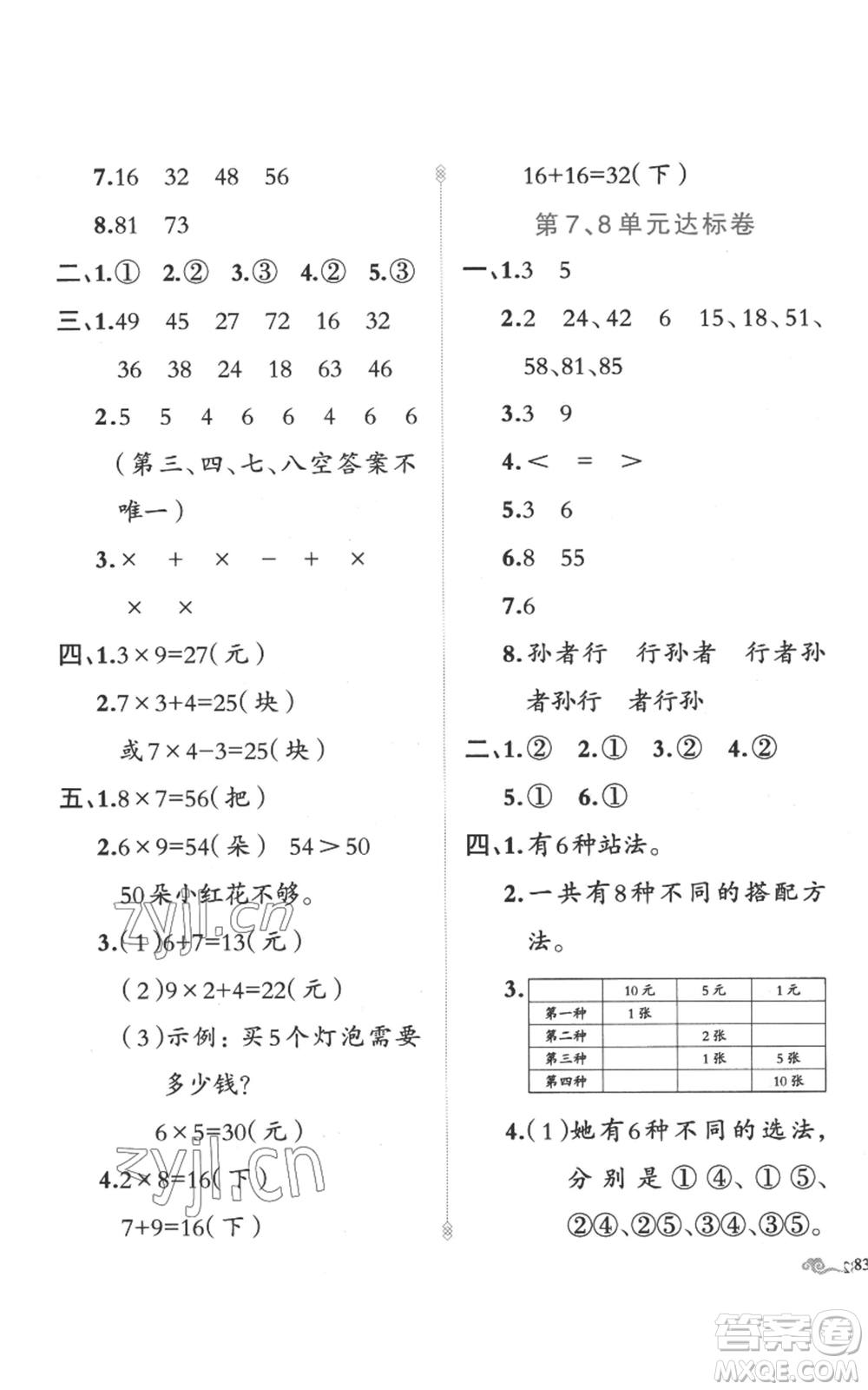 新疆青少年出版社2022黃岡金牌之路練闖考二年級上冊數(shù)學人教版參考答案