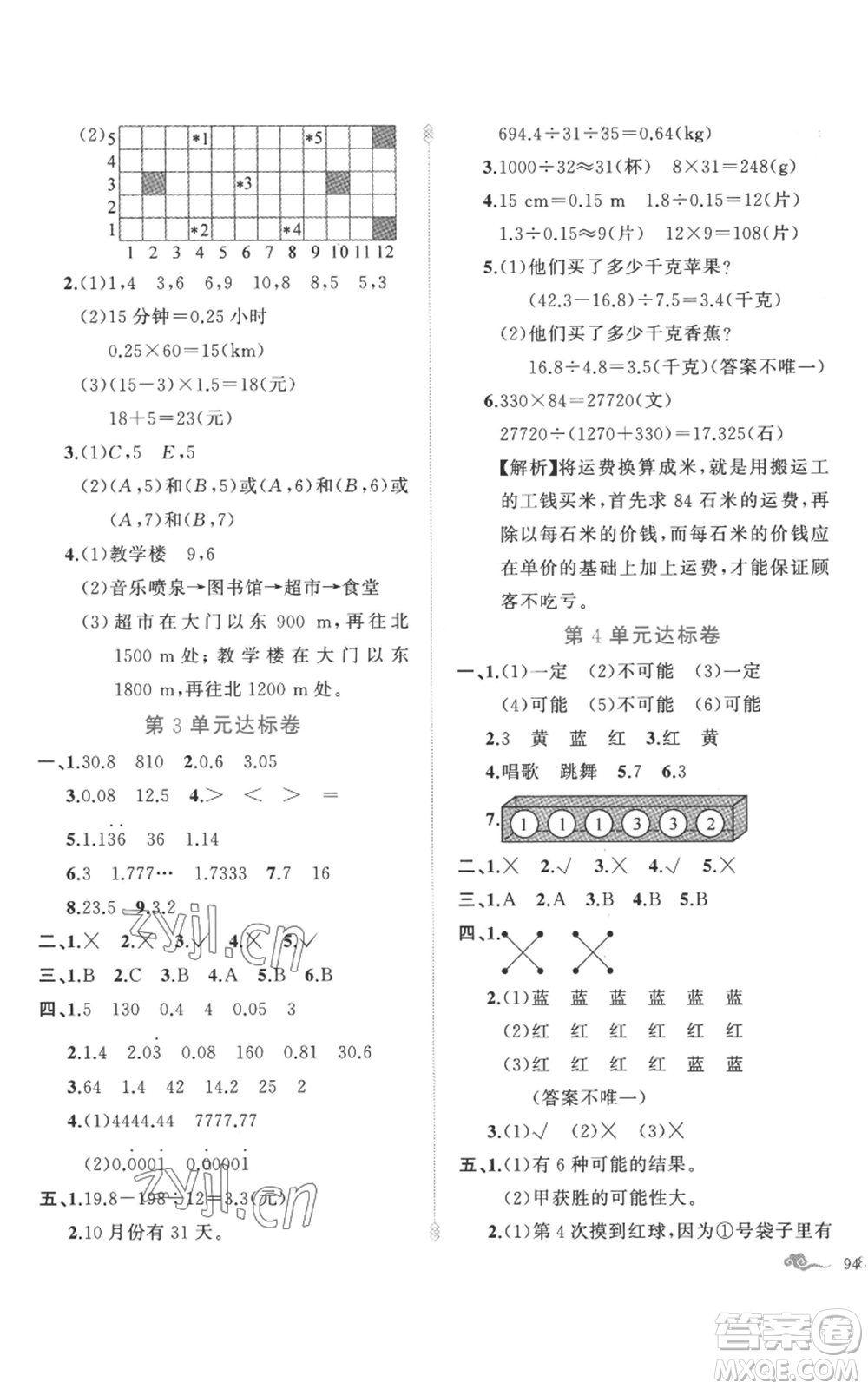 新疆青少年出版社2022黃岡金牌之路練闖考五年級(jí)上冊(cè)數(shù)學(xué)人教版參考答案