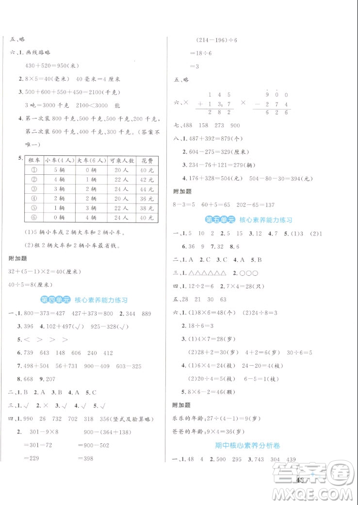 沈陽出版社2022秋黃岡名卷三年級上冊數(shù)學(xué)人教版參考答案