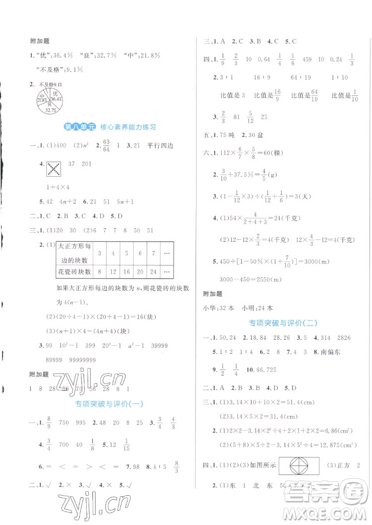 沈陽出版社2022秋黃岡名卷六年級上冊數(shù)學(xué)人教版參考答案