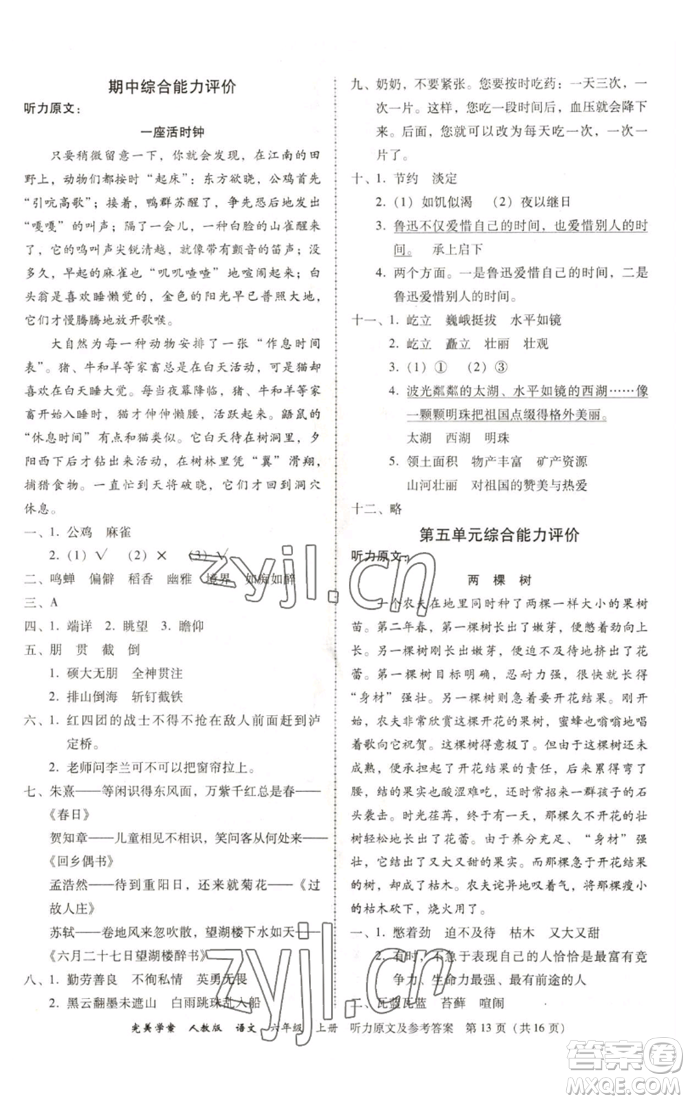 廣東人民出版社2022完美學(xué)案六年級(jí)上冊(cè)語(yǔ)文人教版參考答案