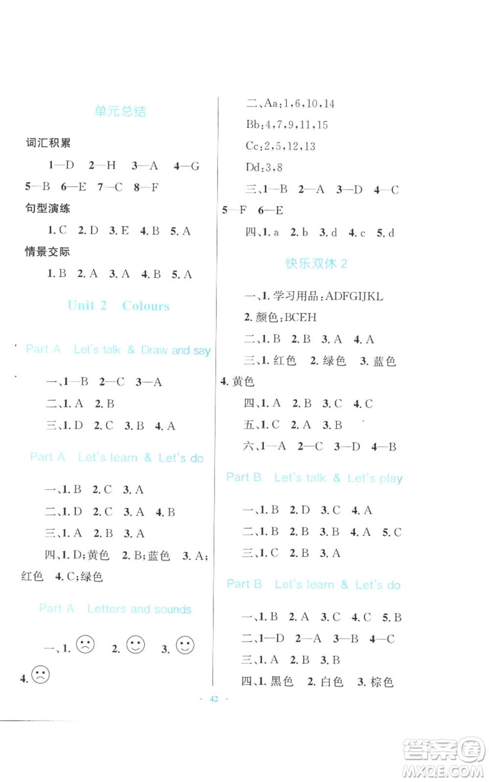 青海人民出版社2022快樂練練吧同步練習(xí)三年級(jí)上冊三年級(jí)起點(diǎn)英語人教版青海專版參考答案