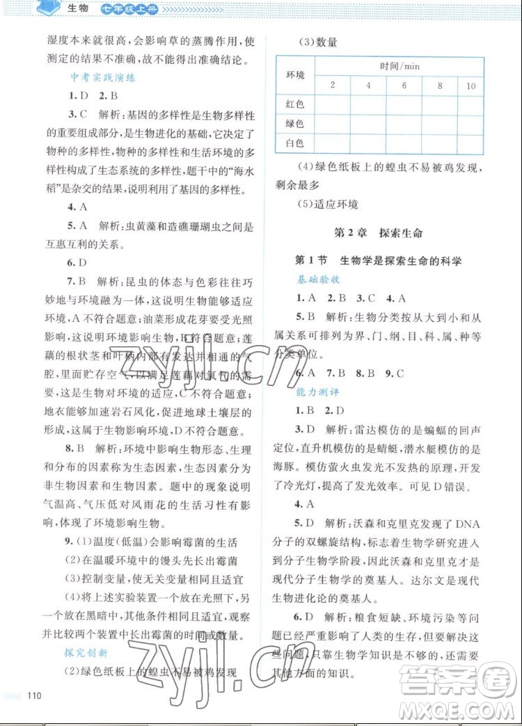 北京師范大學(xué)出版社2022秋課堂精練生物七年級(jí)上冊(cè)北師大版答案