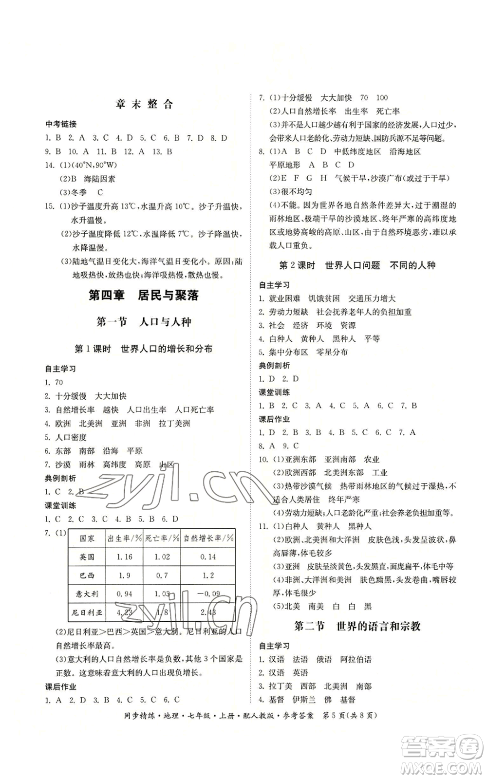 廣東人民出版社2022同步精練七年級上冊地理人教版參考答案