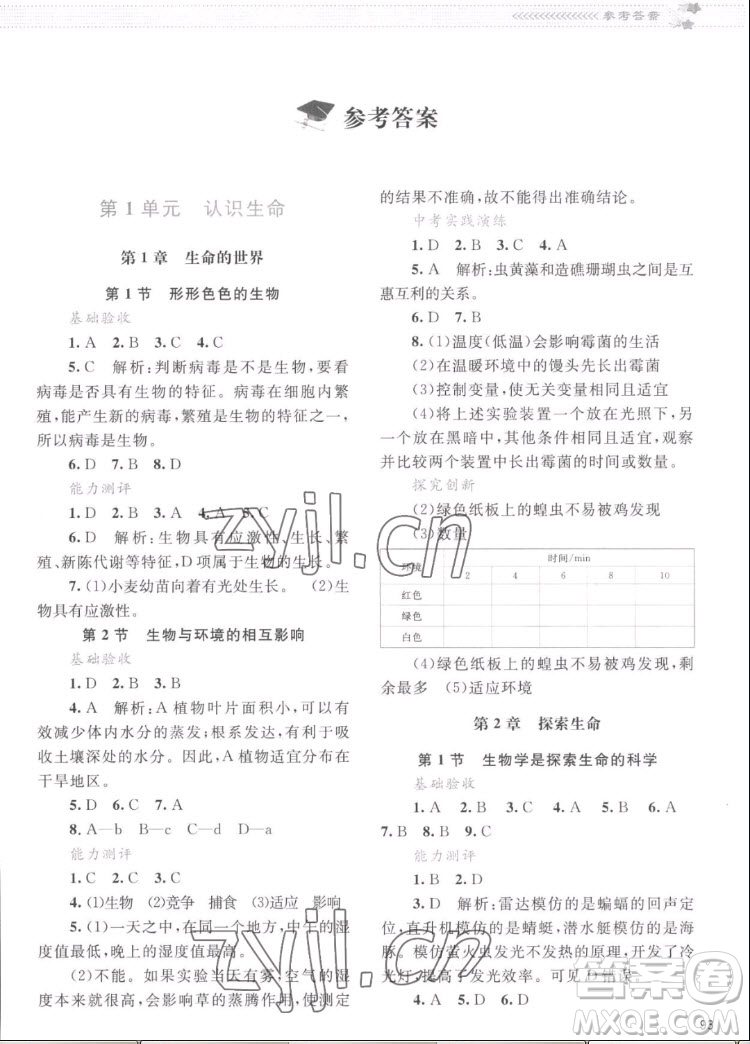 北京師范大學(xué)出版社2022秋課堂精練生物七年級上冊北師大版云南專版答案