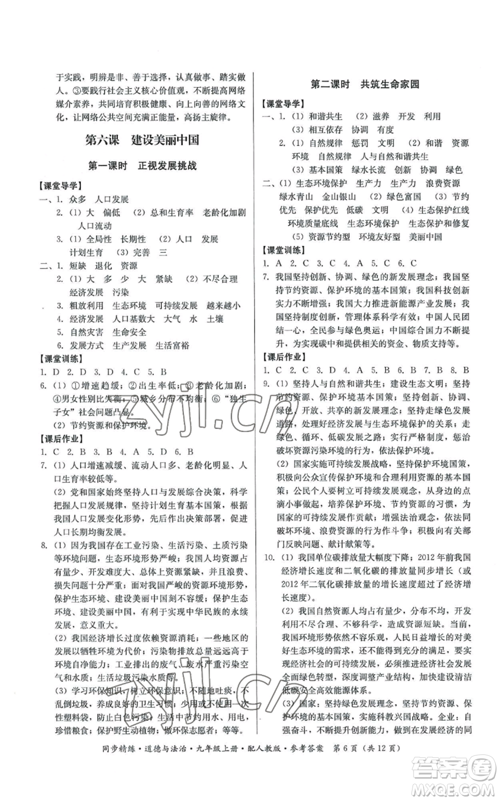 廣東人民出版社2022同步精練九年級(jí)上冊(cè)道德與法治人教版參考答案