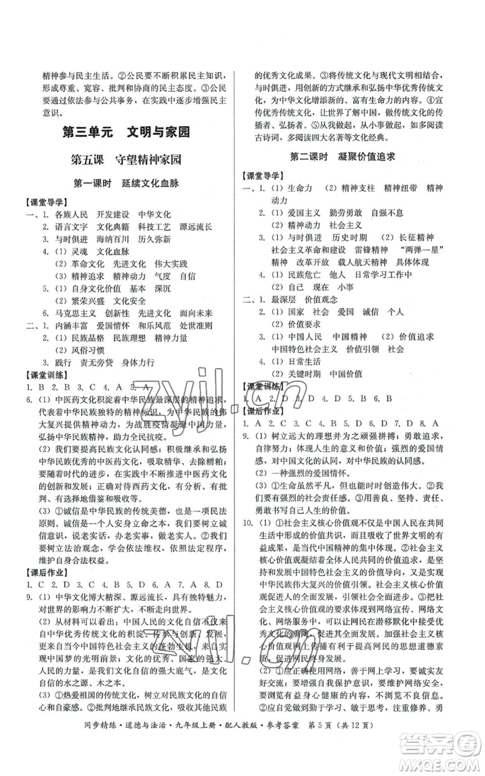 廣東人民出版社2022同步精練九年級(jí)上冊(cè)道德與法治人教版參考答案