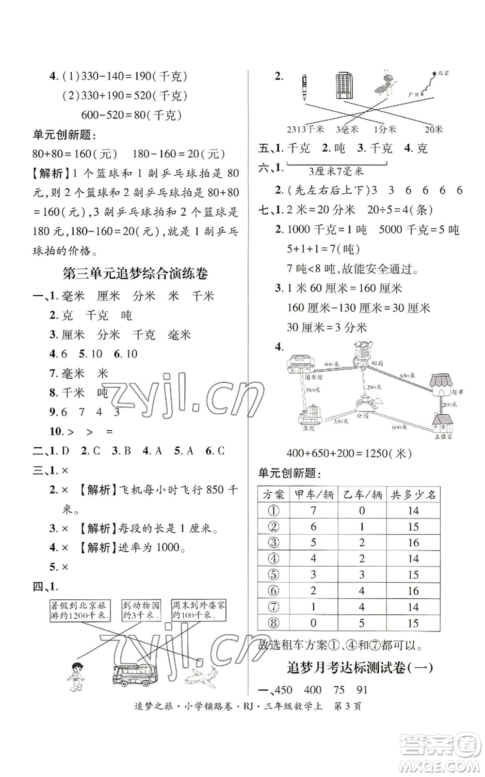 天津科學(xué)技術(shù)出版社2022追夢之旅鋪路卷三年級上冊數(shù)學(xué)人教版河南專版參考答案