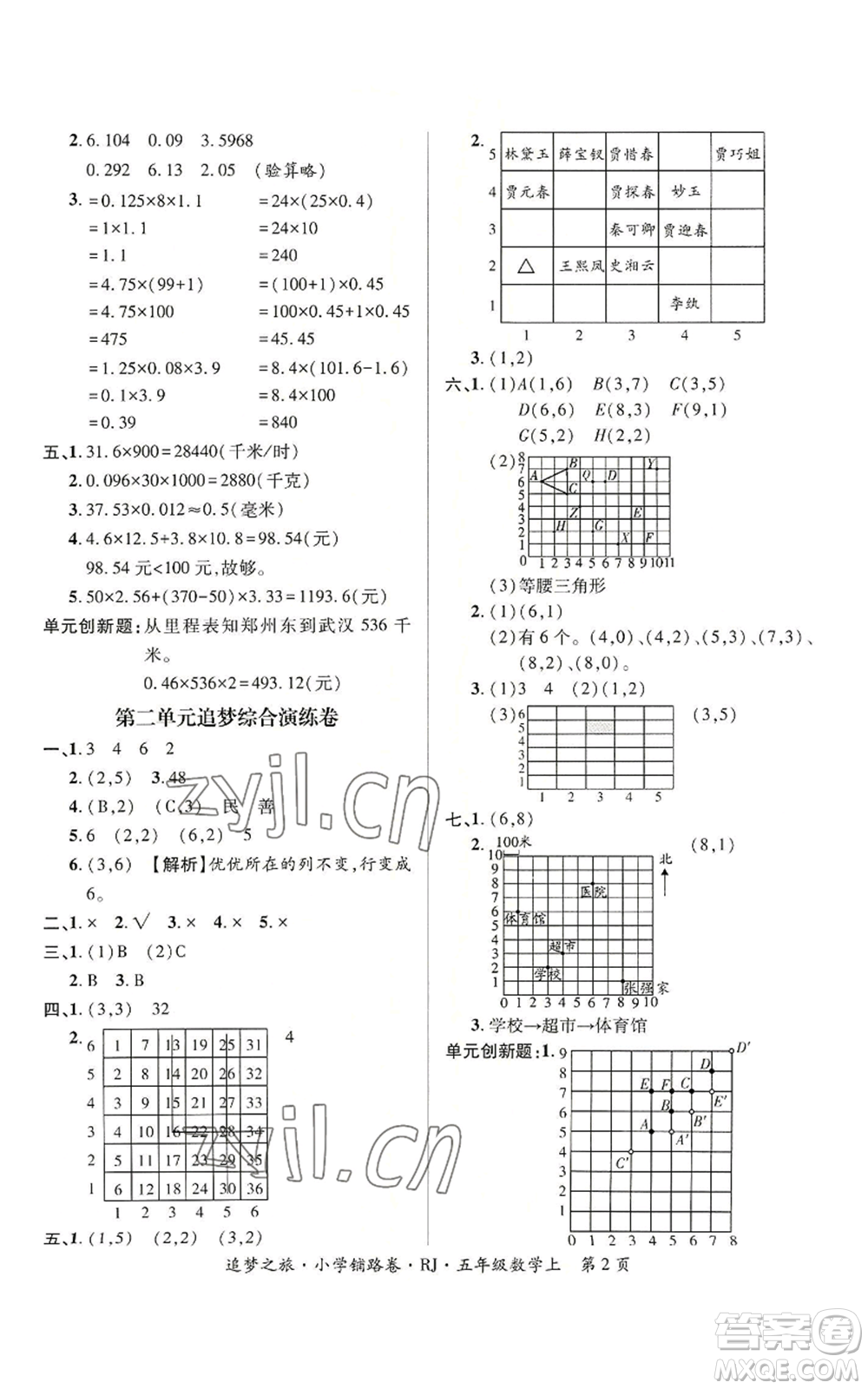 天津科學(xué)技術(shù)出版社2022追夢之旅鋪路卷五年級上冊數(shù)學(xué)人教版河南專版參考答案