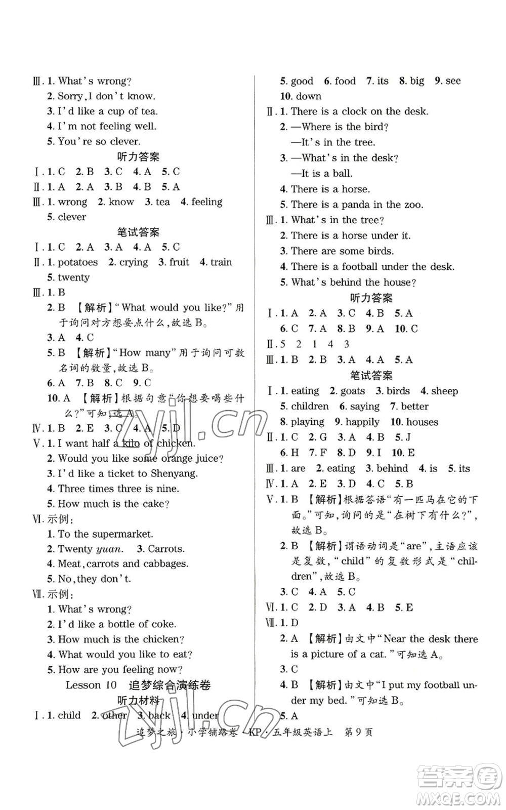 天津科學(xué)技術(shù)出版社2022追夢之旅鋪路卷五年級上冊英語科普版河南專版參考答案