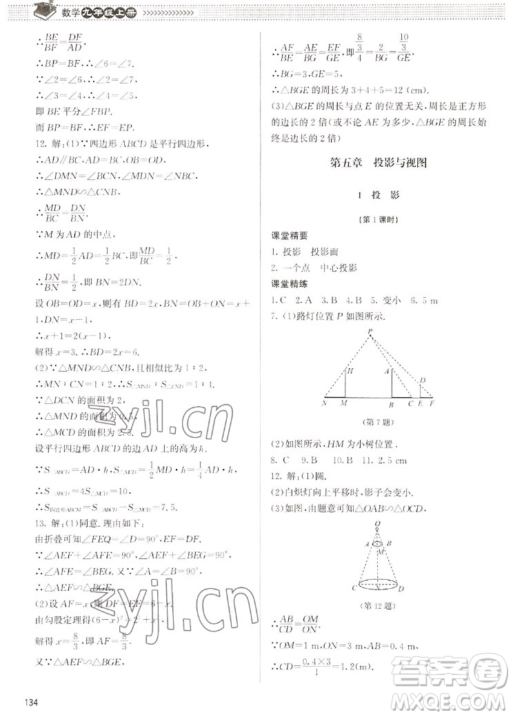 北京師范大學(xué)出版社2022秋課堂精練數(shù)學(xué)九年級上冊北師大版江西專版答案