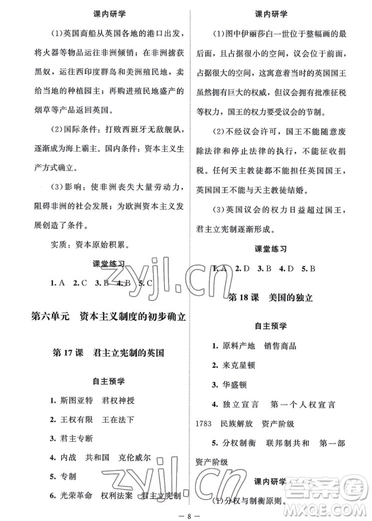 北京師范大學(xué)出版社2022秋課堂精練世界歷史九年級上冊江蘇專版答案