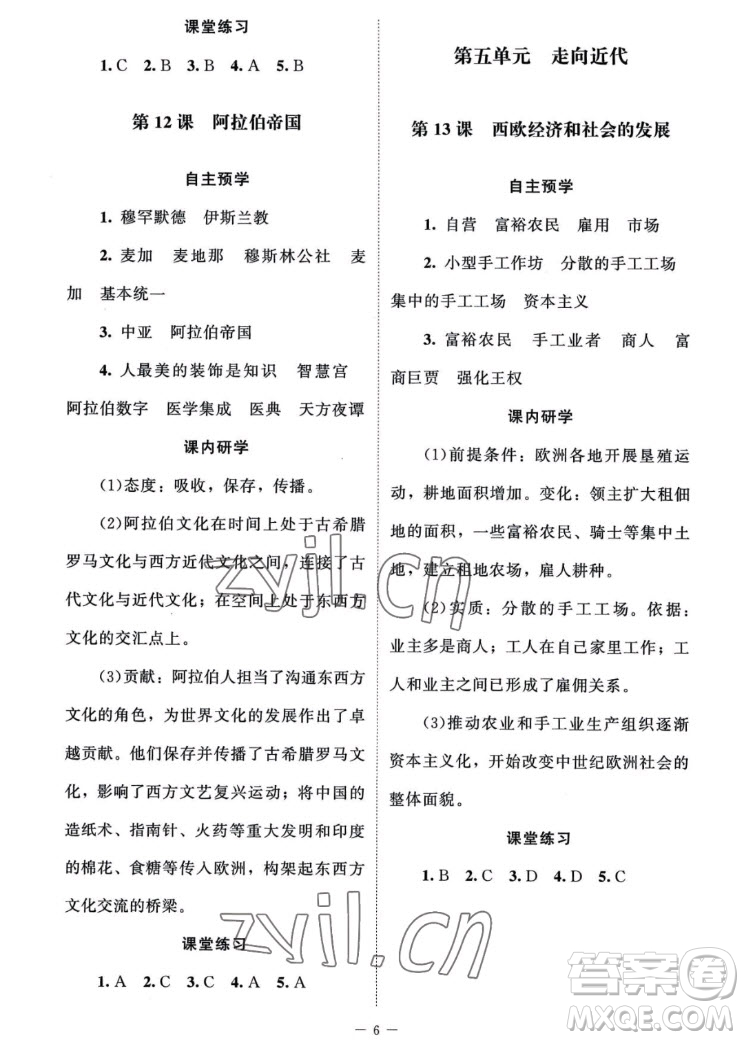 北京師范大學(xué)出版社2022秋課堂精練世界歷史九年級上冊江蘇專版答案