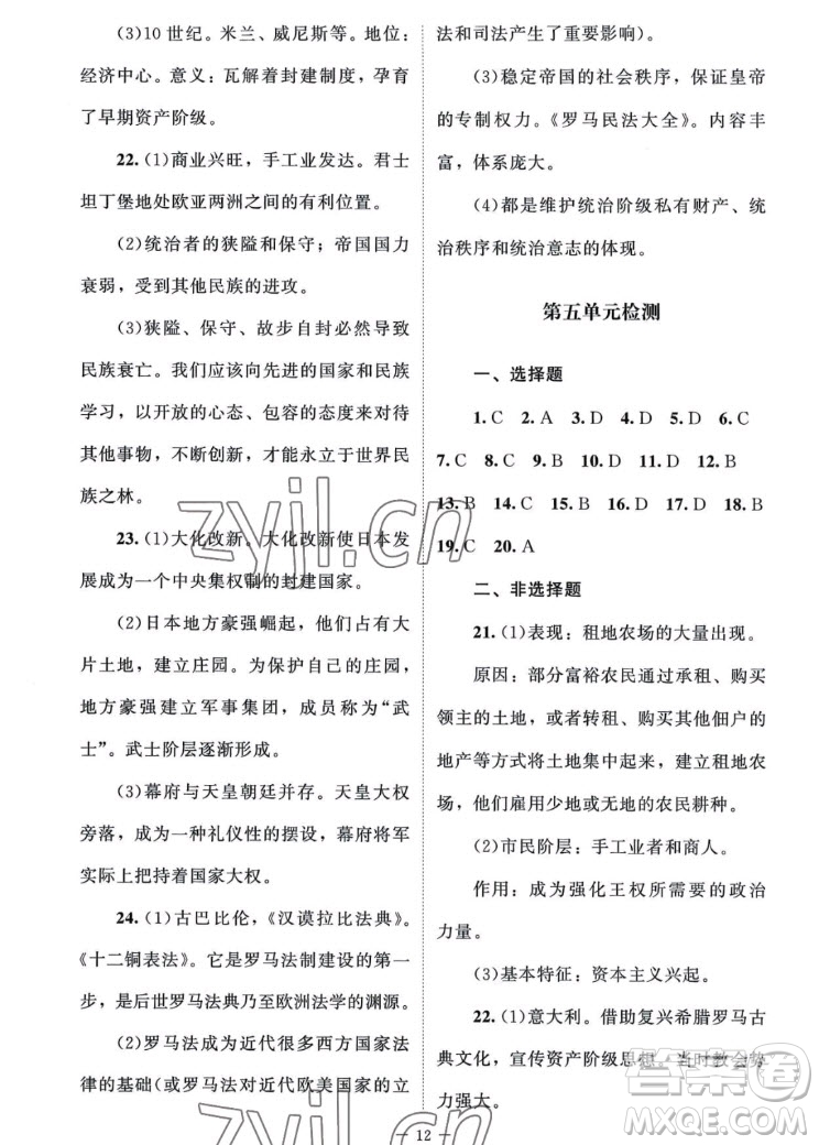 北京師范大學(xué)出版社2022秋課堂精練世界歷史九年級上冊江蘇專版答案