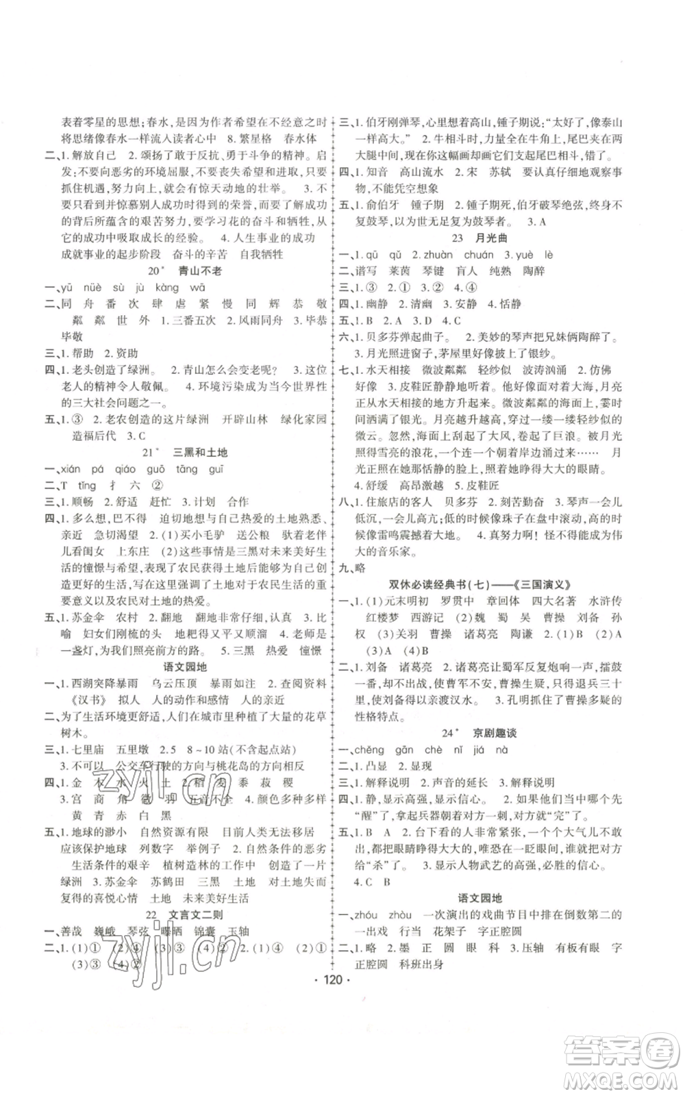 新疆文化出版社2022金榜行動六年級上冊語文人教版參考答案