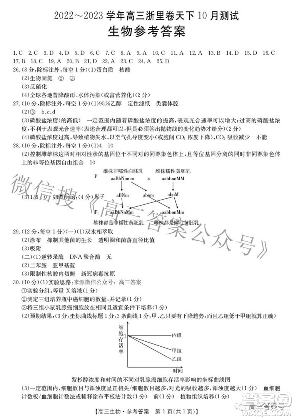 2022-2023學年高三浙里卷天下10月測試生物試題及答案