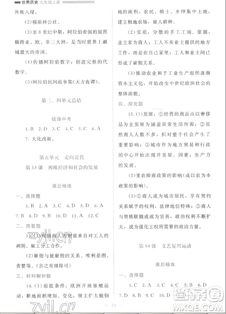 北京師范大學(xué)出版社2022秋課堂精練世界歷史九年級(jí)上冊(cè)人教版答案