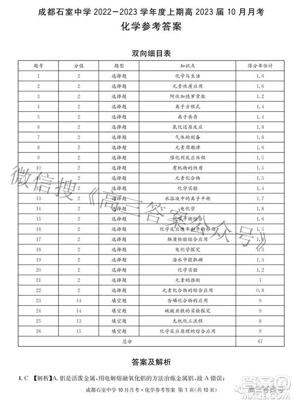 成都石室中學(xué)2022-2023學(xué)年度上期高2023屆10月月考化學(xué)試題及答案