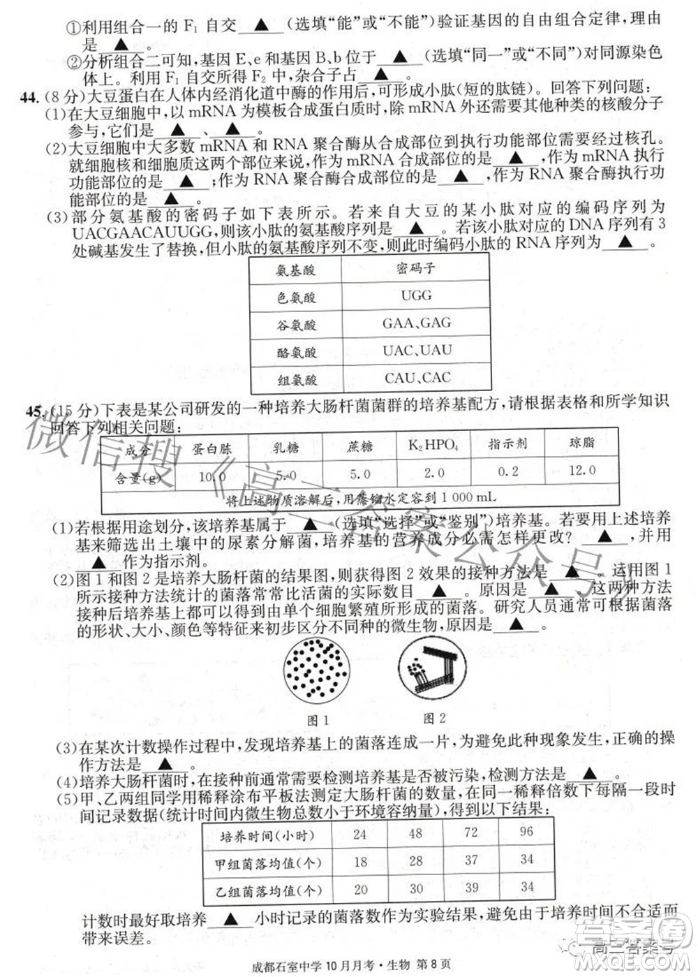 成都石室中學(xué)2022-2023學(xué)年度上期高2023屆10月月考生物試題及答案