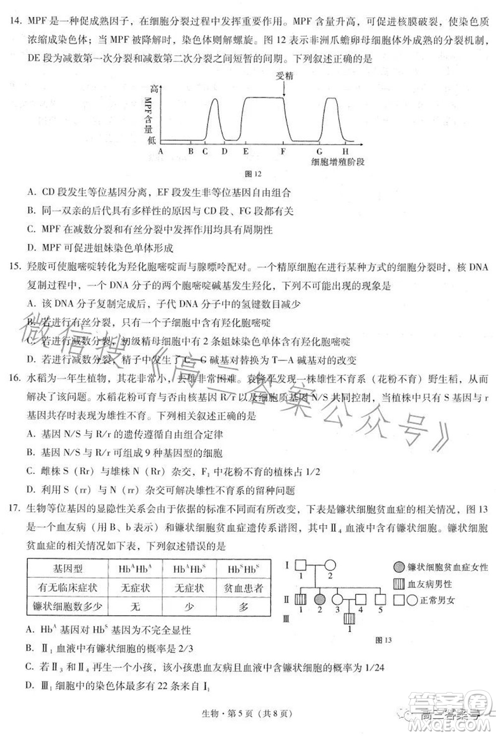 巴蜀中學2023屆高考適應性月考卷三生物試題及答案