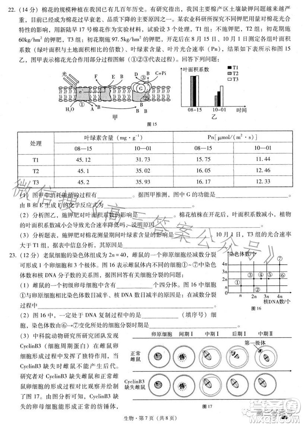 巴蜀中學2023屆高考適應性月考卷三生物試題及答案