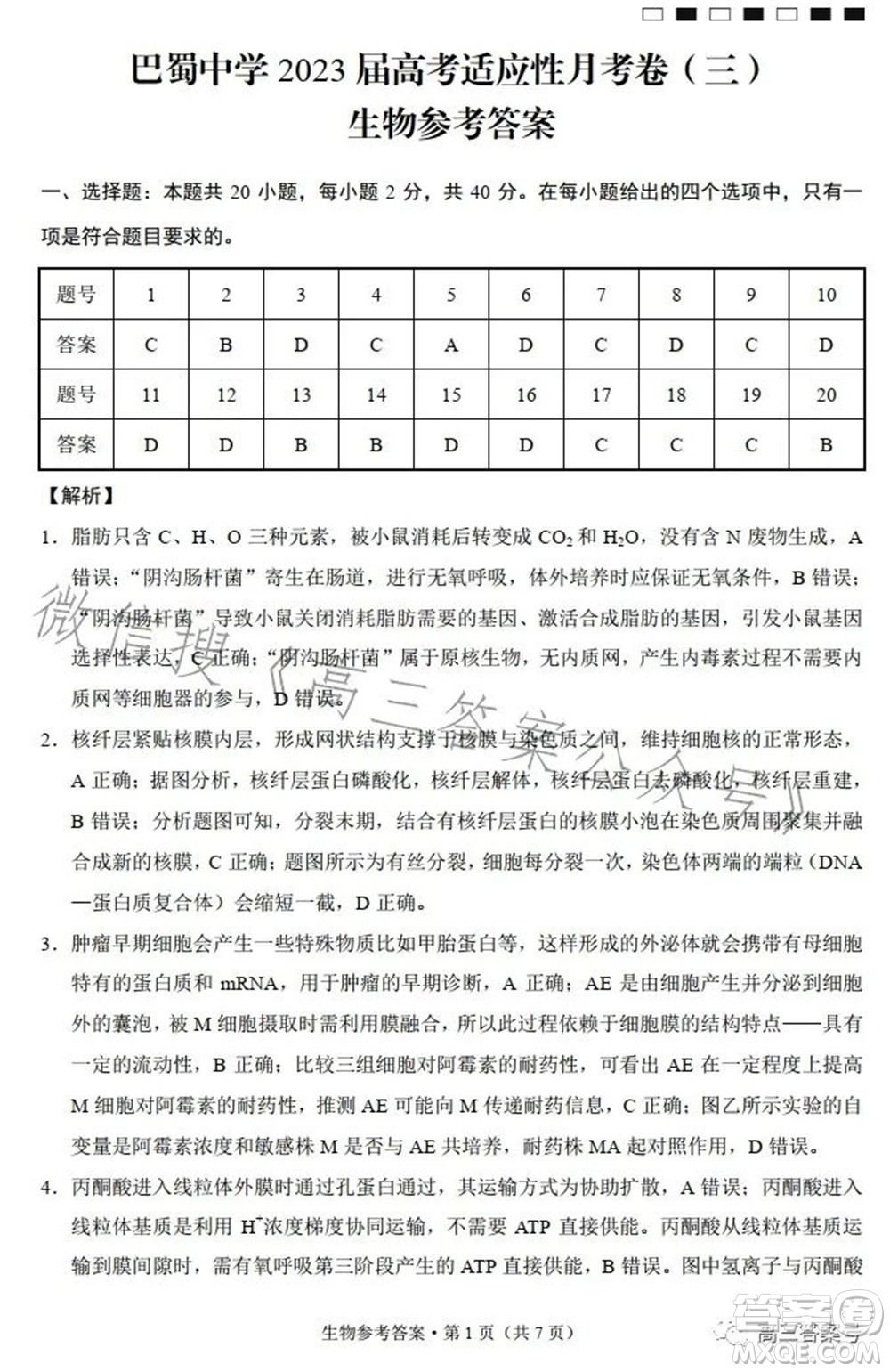 巴蜀中學2023屆高考適應性月考卷三生物試題及答案