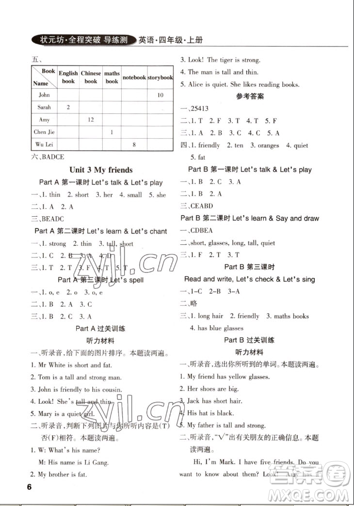 西安出版社2022秋狀元坊全程突破導(dǎo)練測(cè)英語四年級(jí)上人教版佛山專版答案