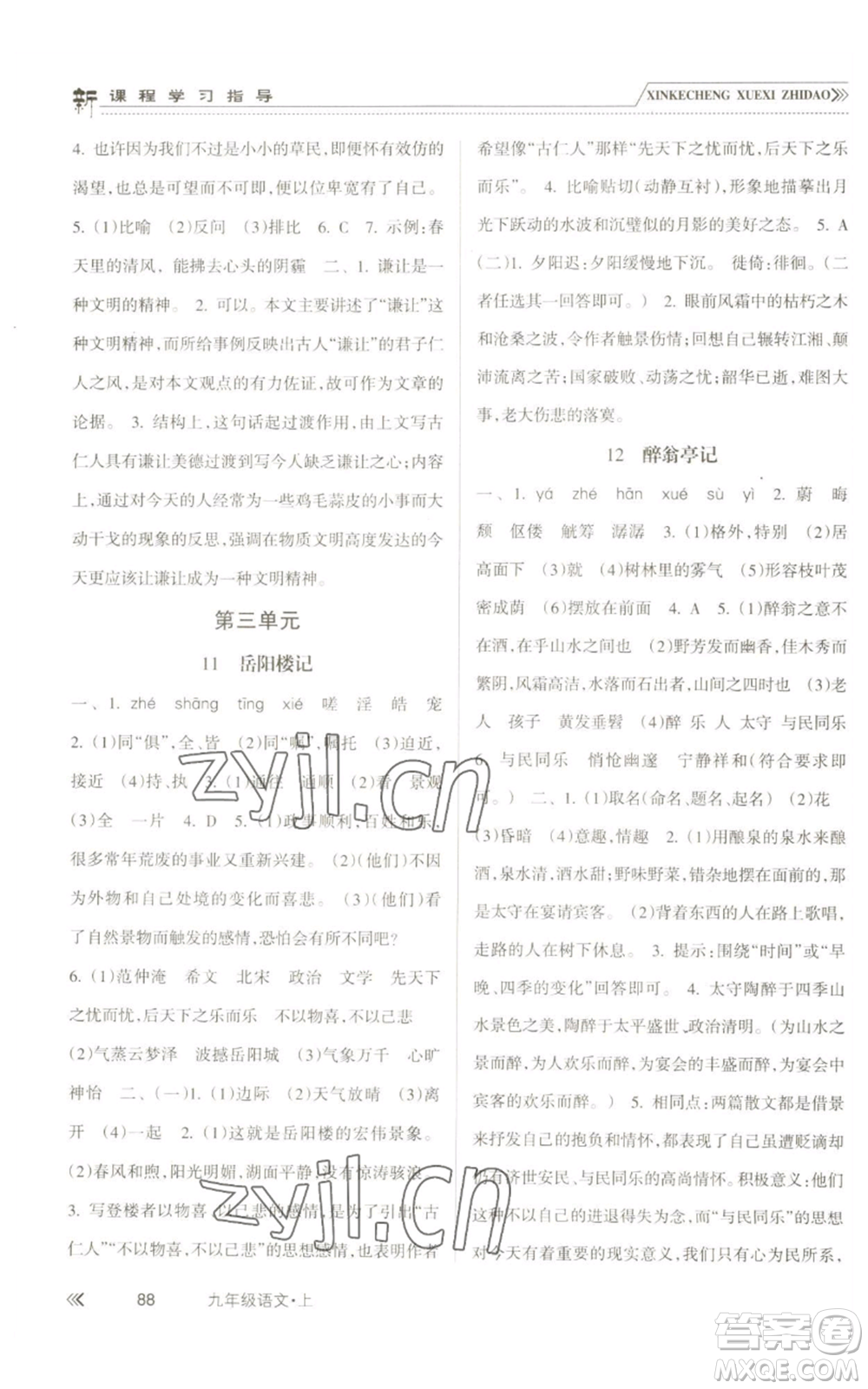 南方出版社2022新課程學(xué)習(xí)指導(dǎo)九年級(jí)上冊語文人教版參考答案