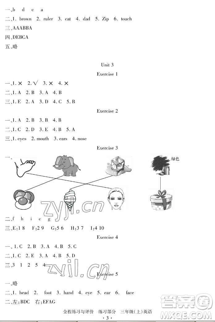 浙江人民出版社2022秋全程練習與評價三年級上冊英語人教版答案