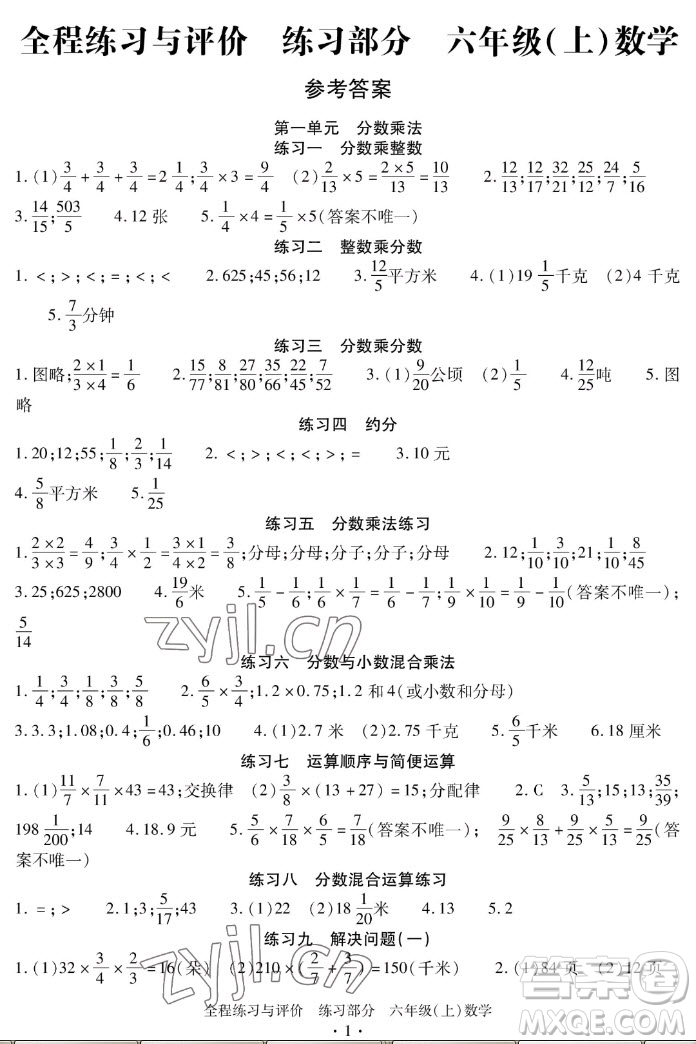 浙江人民出版社2022秋全程練習(xí)與評價(jià)六年級上冊數(shù)學(xué)人教版答案