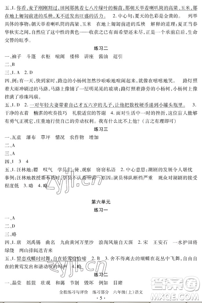 浙江人民出版社2022秋全程練習(xí)與評(píng)價(jià)六年級(jí)上冊(cè)語(yǔ)文人教版答案