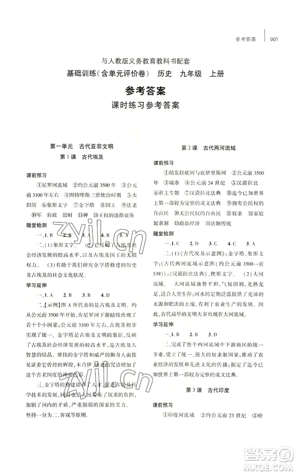 大象出版社2022基礎(chǔ)訓(xùn)練九年級上冊歷史人教版參考答案