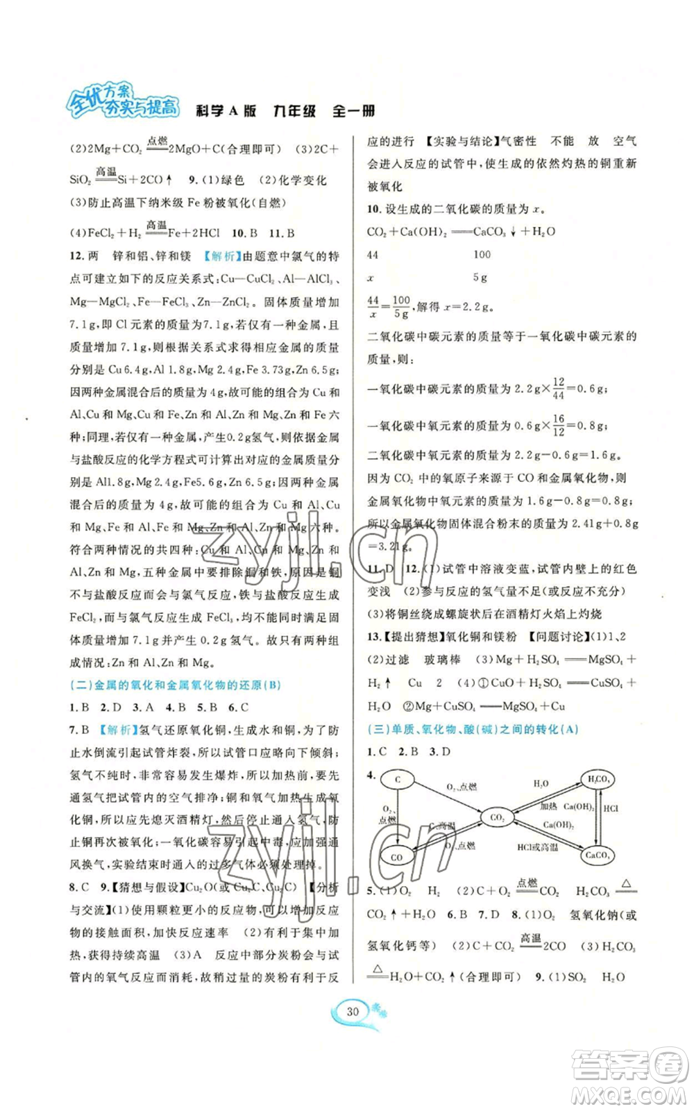 華東師范大學(xué)出版社2022全優(yōu)方案夯實(shí)與提高九年級(jí)科學(xué)華東師大版A版參考答案