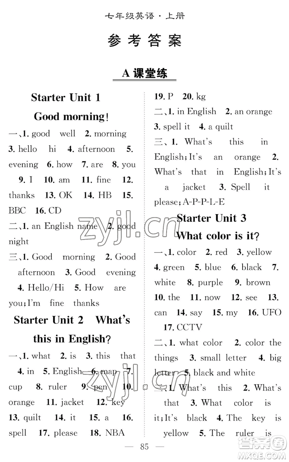 長江少年兒童出版社2022智慧課堂創(chuàng)新作業(yè)七年級(jí)上冊(cè)英語人教版參考答案