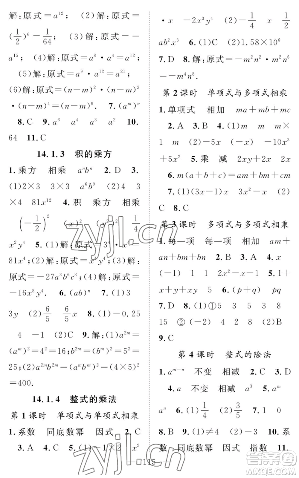 長江少年兒童出版社2022智慧課堂創(chuàng)新作業(yè)八年級上冊數(shù)學(xué)人教版參考答案