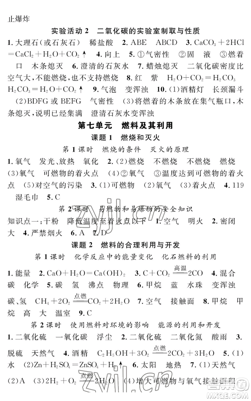 長江少年兒童出版社2022智慧課堂創(chuàng)新作業(yè)九年級上冊化學(xué)人教版參考答案