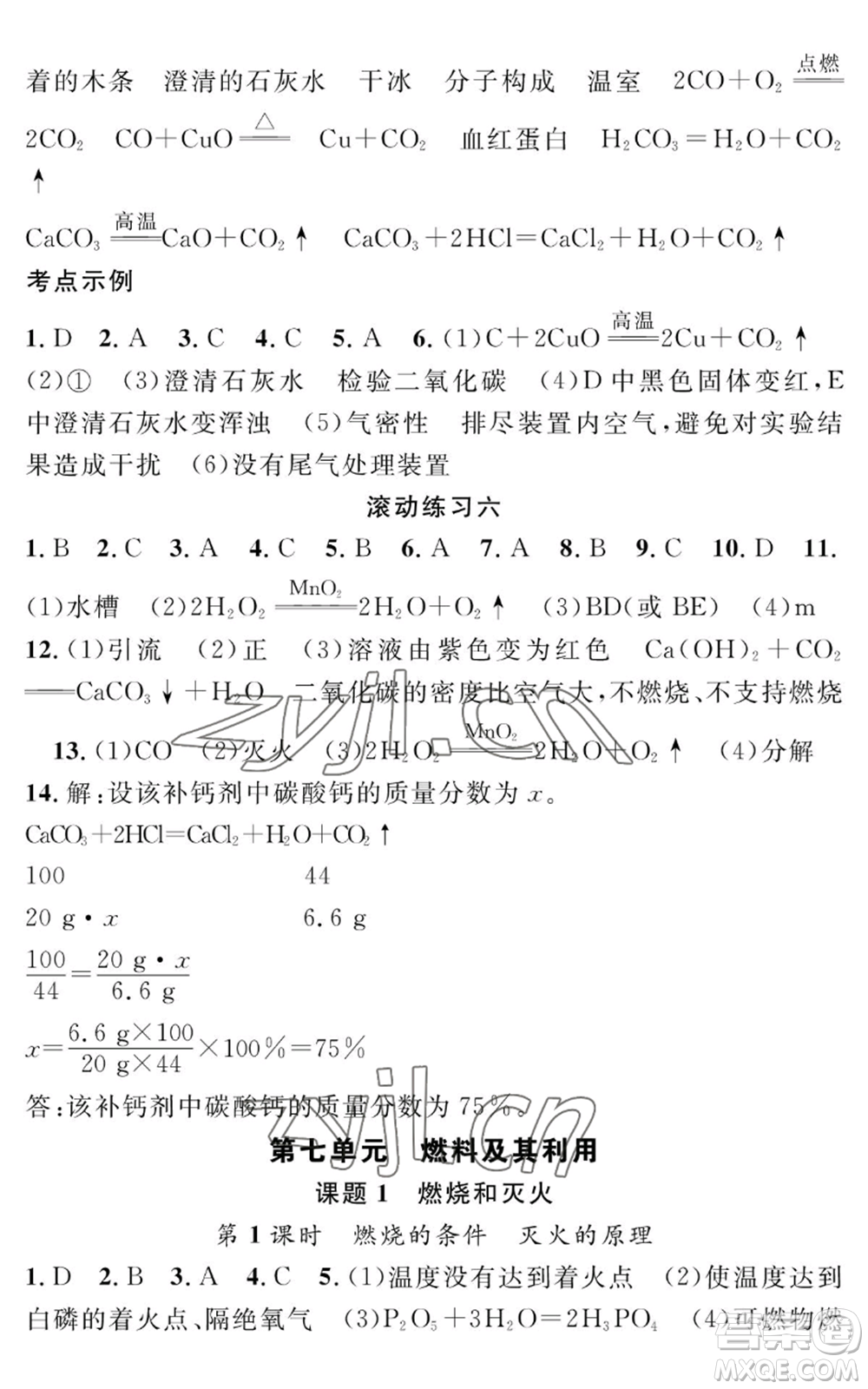 長江少年兒童出版社2022智慧課堂創(chuàng)新作業(yè)九年級上冊化學(xué)人教版參考答案