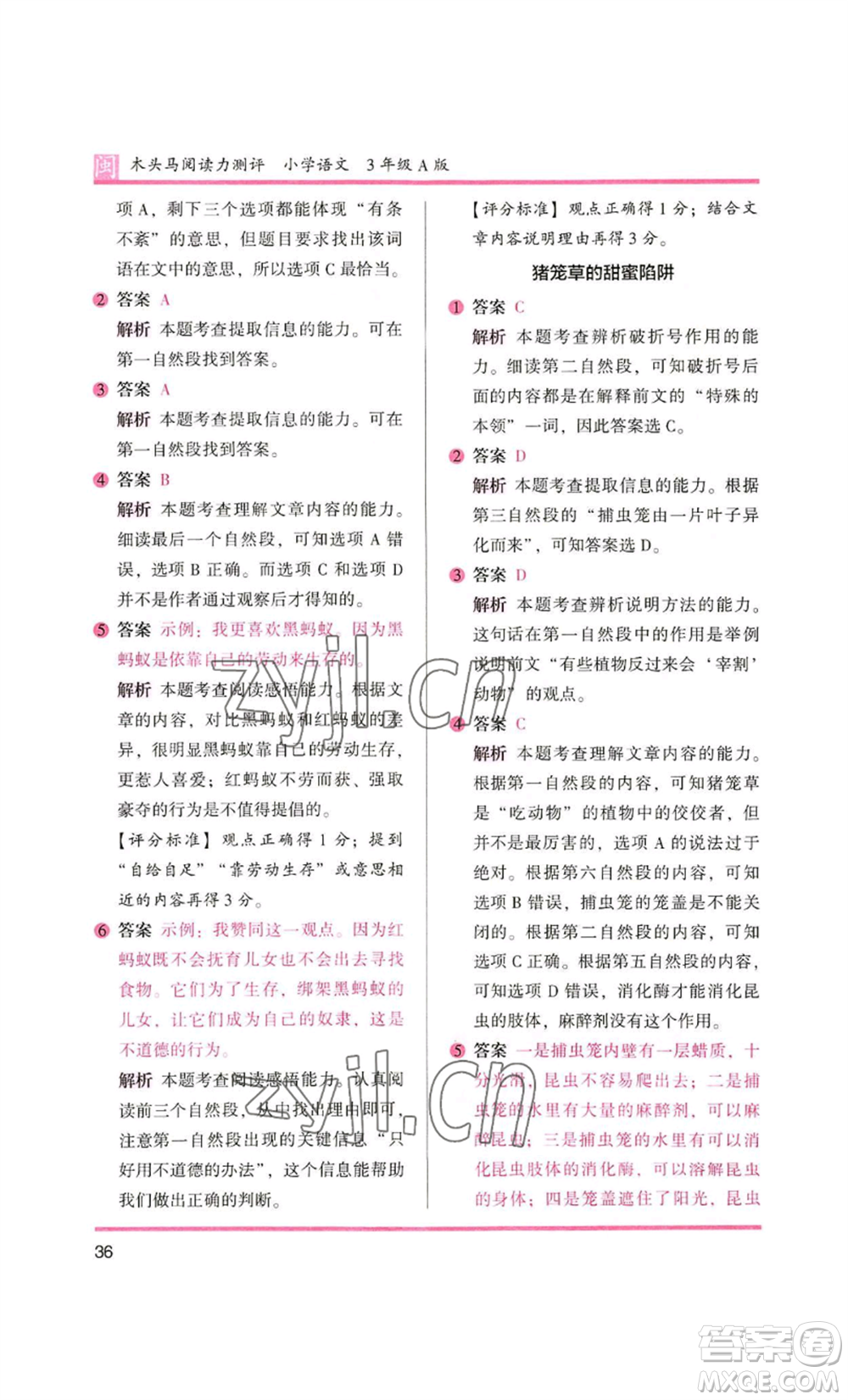 鷺江出版社2022木頭馬閱讀力測評三年級語文人教版A版福建專版參考答案