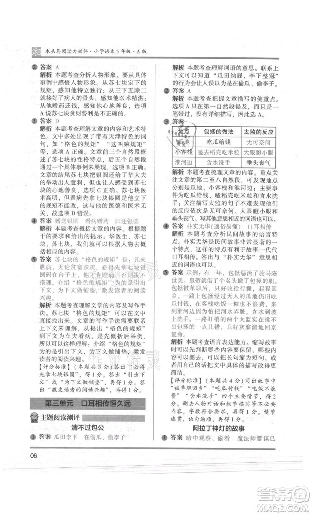 江蘇鳳凰文藝出版社2022木頭馬閱讀力測(cè)評(píng)五年級(jí)語文人教版A版湖南專版參考答案