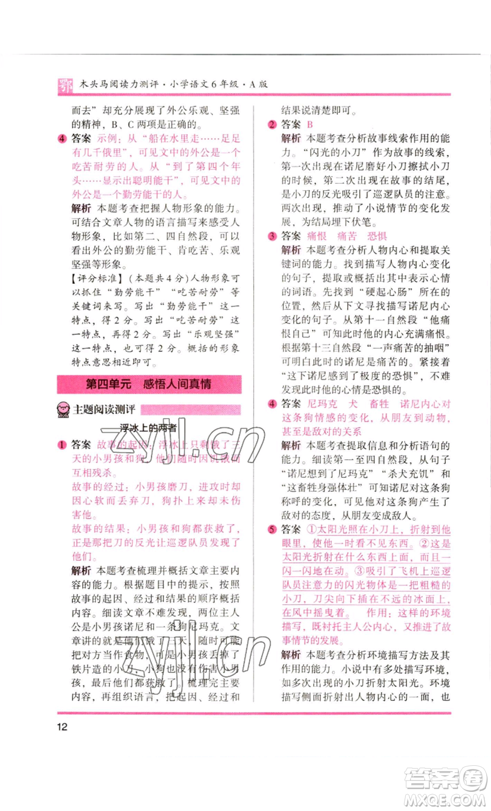 江蘇鳳凰美術出版社2022木頭馬閱讀力測評六年級語文人教版B版大武漢專版參考答案